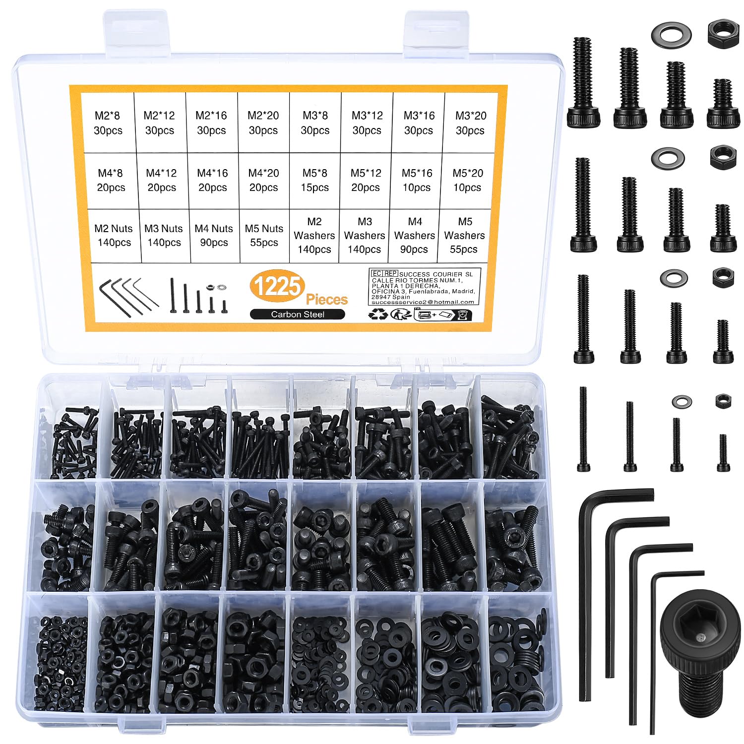 1225pcs M2 M3 M4 M5 Hexagon Socket Screws, Bolts, Nuts, and Washers Assortment Kit, Carbon Steel Black Countersunk Head Threaded Screws, Nuts and Washers Set(1225 black cup head)