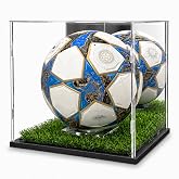 Soccer Ball Acrylic Display Case for Autographed &amp; Collectible Soccer Ball | Clear Acrylic With Mirror Back, Artificial Grass Turf, Black Base And Ball Stand, Dust-Resistant Showcase, Case Only