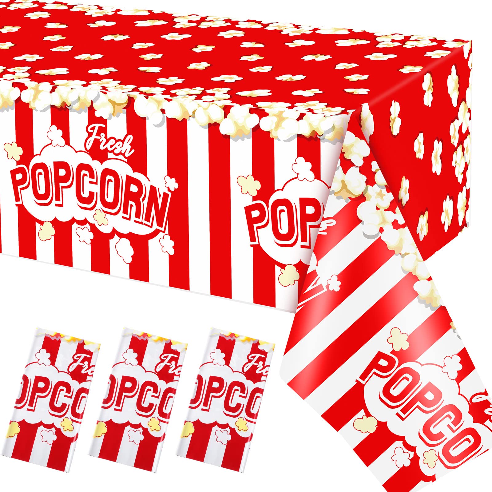 Photo 1 of Breling 3 Pieces Popcorn Tablecloth 54 x 108 Inch Plastic Popcorn Table Cover Party Decorations Carnival Circus Movie Night Supplies Carnival Birthday Party Supplies Tablecovers