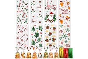 YUJUN 160 PCS Christmas Cellophane Treat Bags,Santa Claus Goodie Candy Xmas Clear Cello Bags Twist Ties for Winter Christmas Theme Party Favor Supplies(8 Styles)