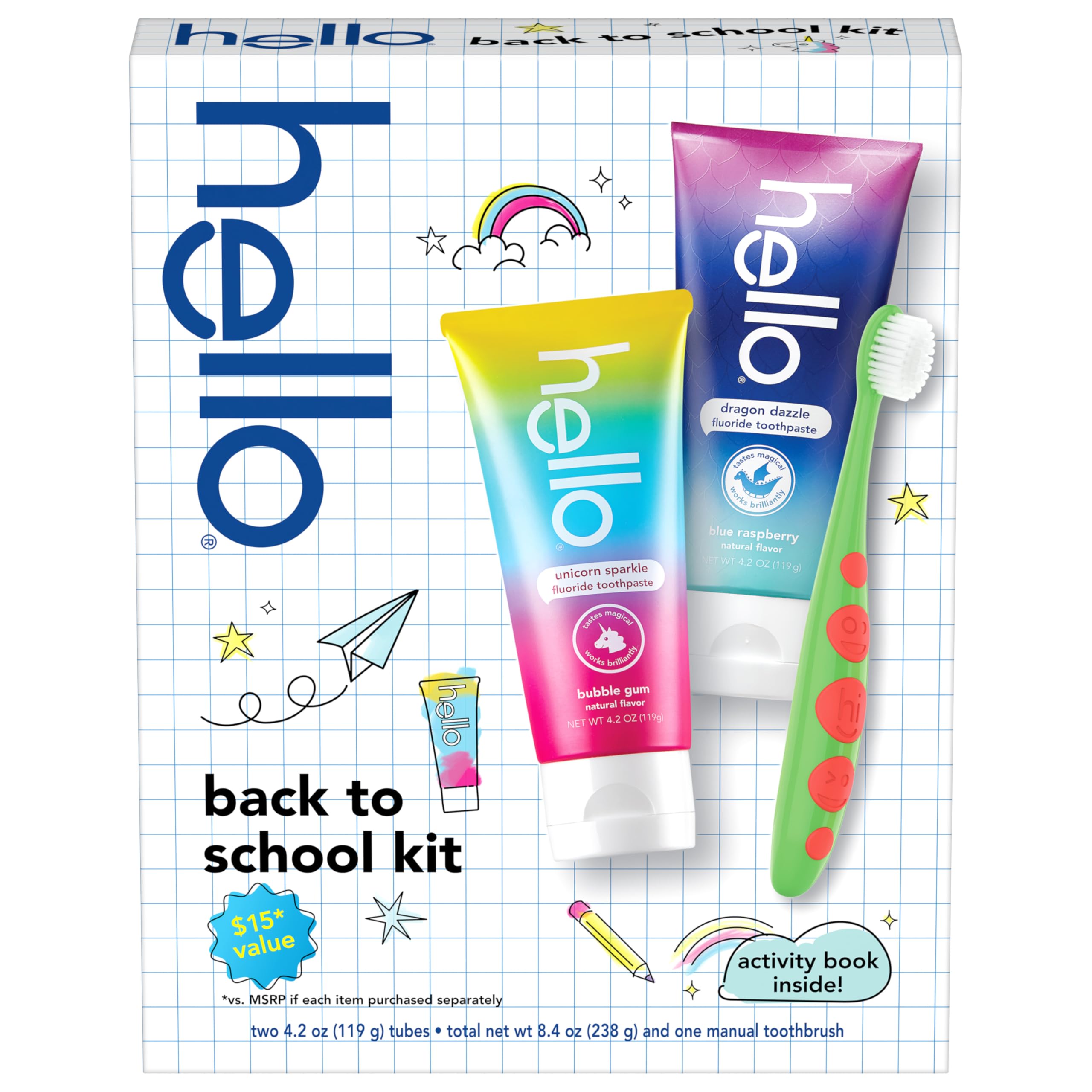 Photo 1 of hello Kids Toothbrush and Kids Toothpaste Back to School Kit, Includes Wide Grip Toothbrush and 2 Fluoride Toothpastes with Bonus Activity Book Inside, for Ages 3 and Older