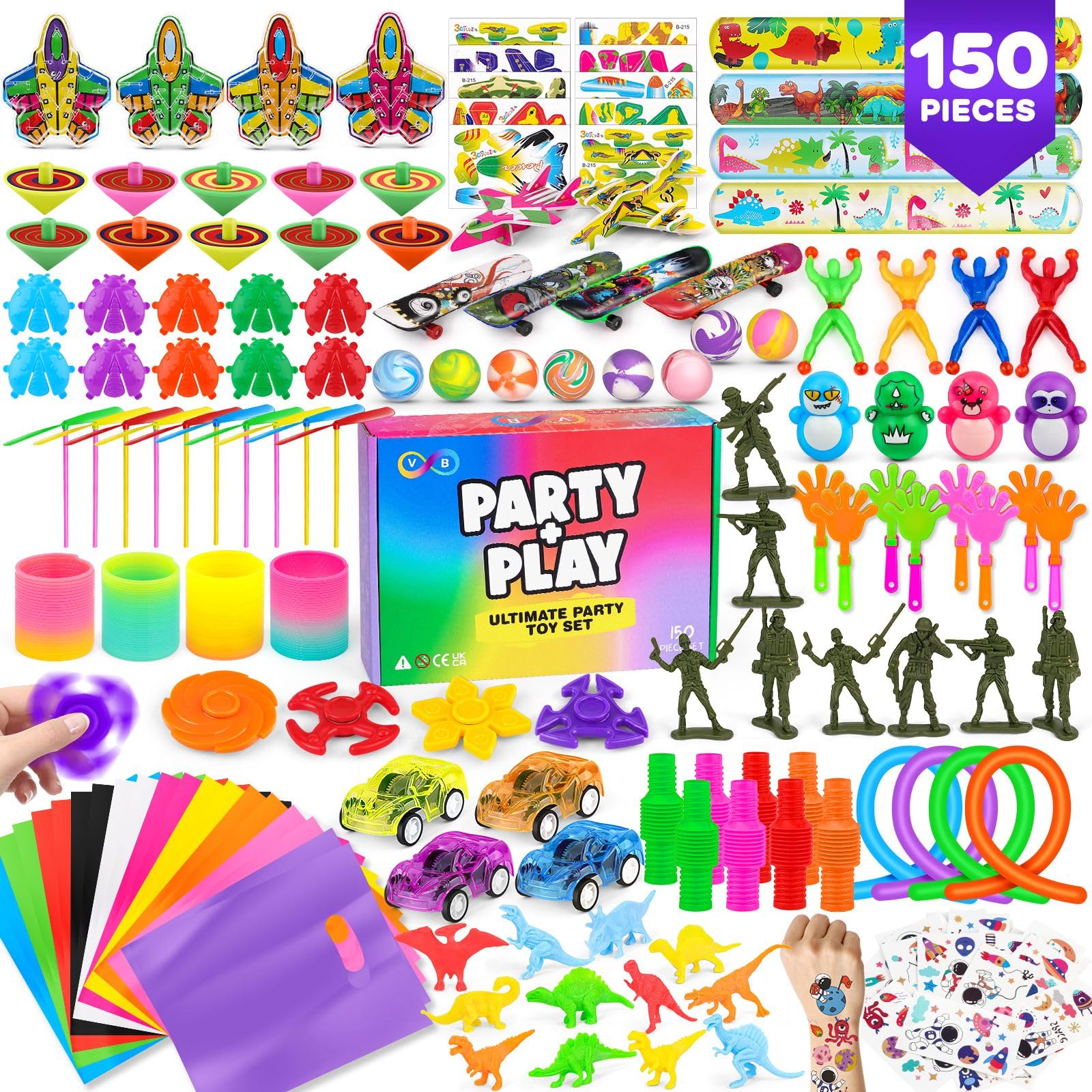 V B Party + Play Party Bag Fillers for Kids Pack of 150pc – Assorted Party Favours Kids Activity Packs Classroom Gifts with Fidget Toys, Stickers, Stretchy Strings – Ideal for Boys and Girls