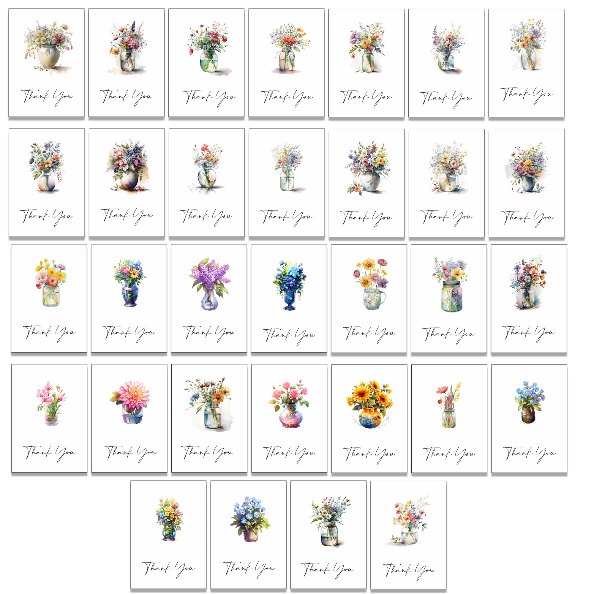 32 Thank You Greeting Cards with 32 Different Designs on the Front with Kraft Brown Envelopes Included (Flowers)