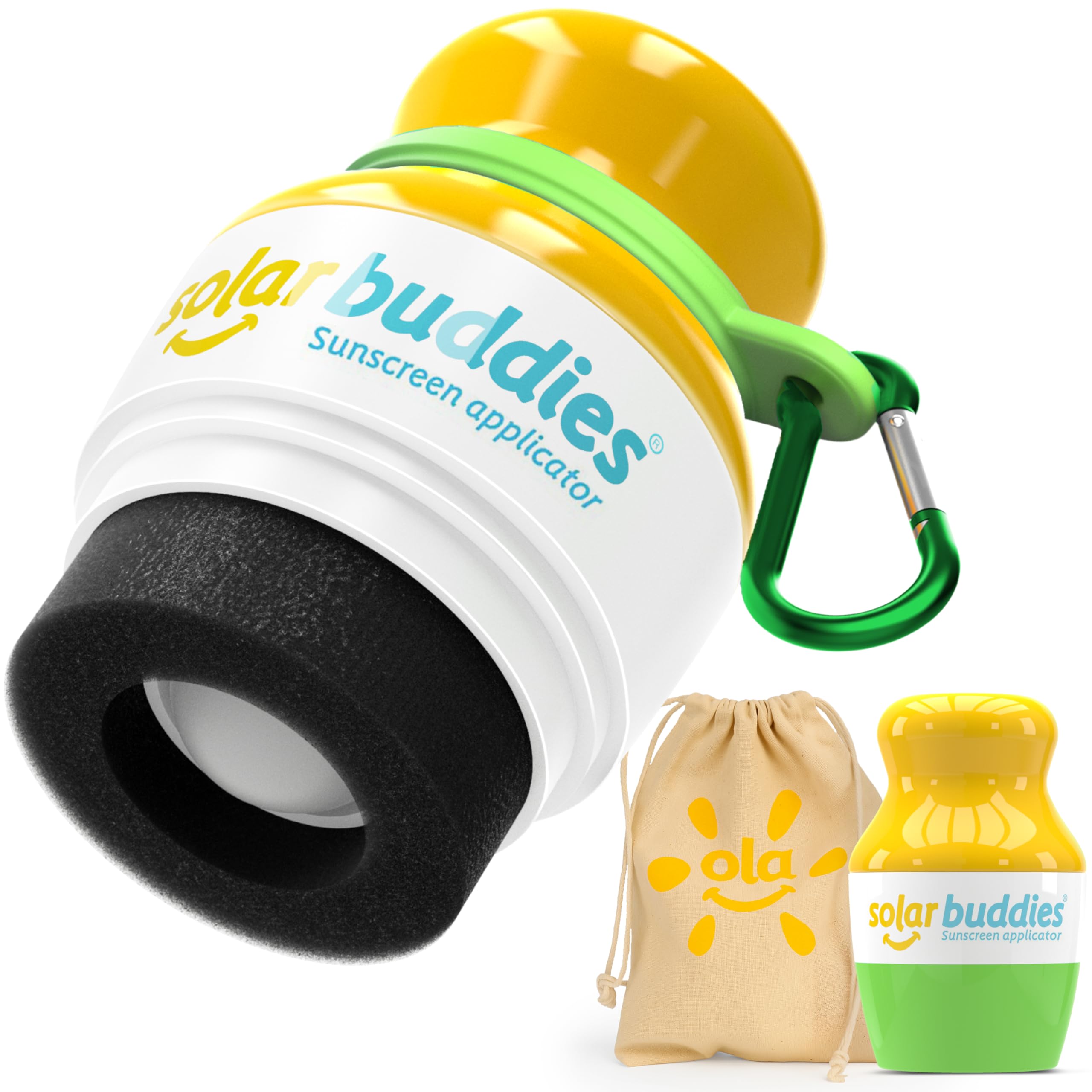 Solar Buddies Grab & Go Travel Bundle, Carabina Clip & Cleaning Brush - Refillable Roll on Sponge Sunscreen, Suncream & Lotion Applicator for Kids, Adults & Families - Holds 100ml (Green Bag Set)