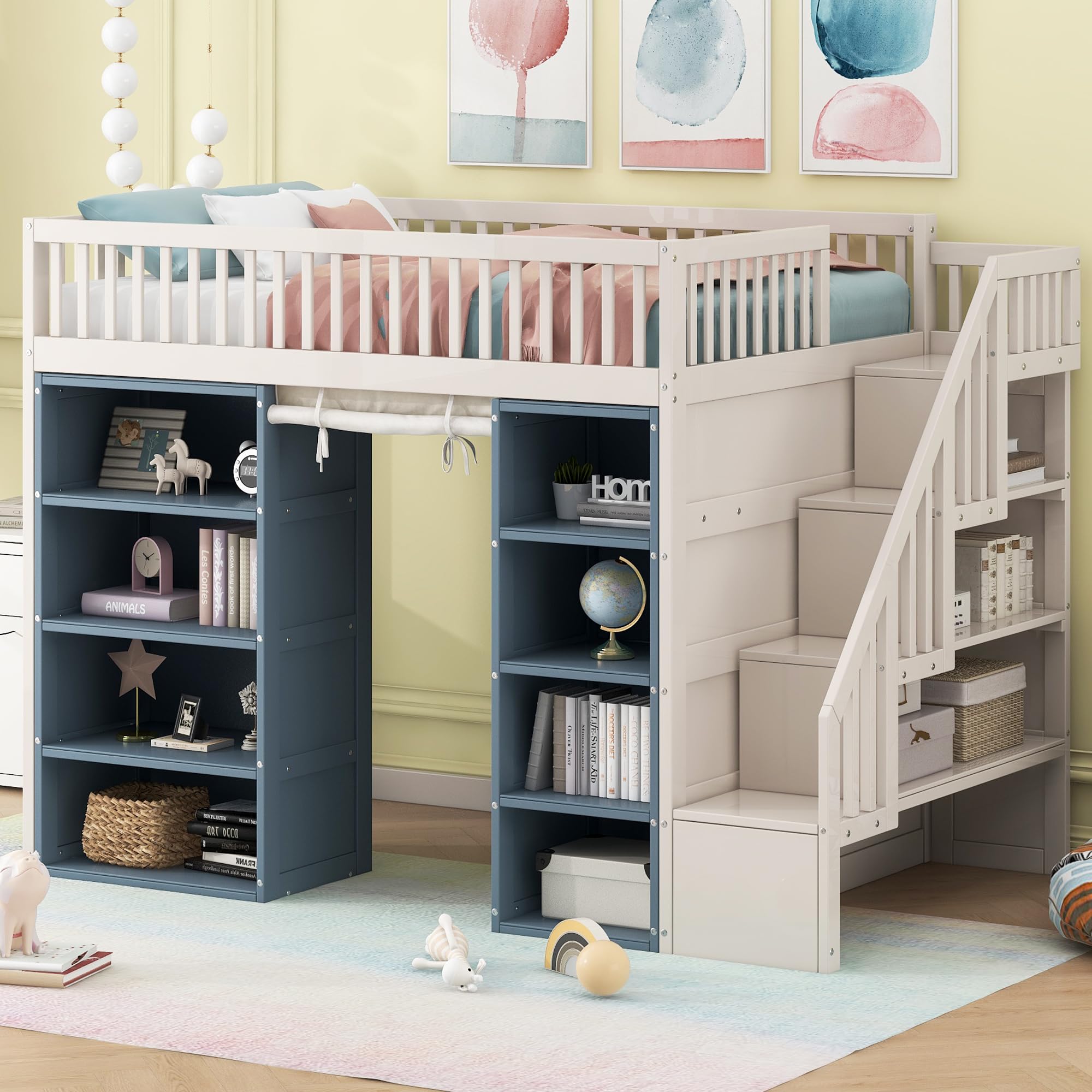 Photo 1 of ***BOX 3 OF 3*********PARTICAL SET***YOPTO Full Size Loft Bed with Curtain,Wooden Beds Frame w/Stairs and Safety Guardrail,2 Blue Four-Layer Storage Cabinets,Storage Shelves & Under-Bed Play Space,for Kids,White