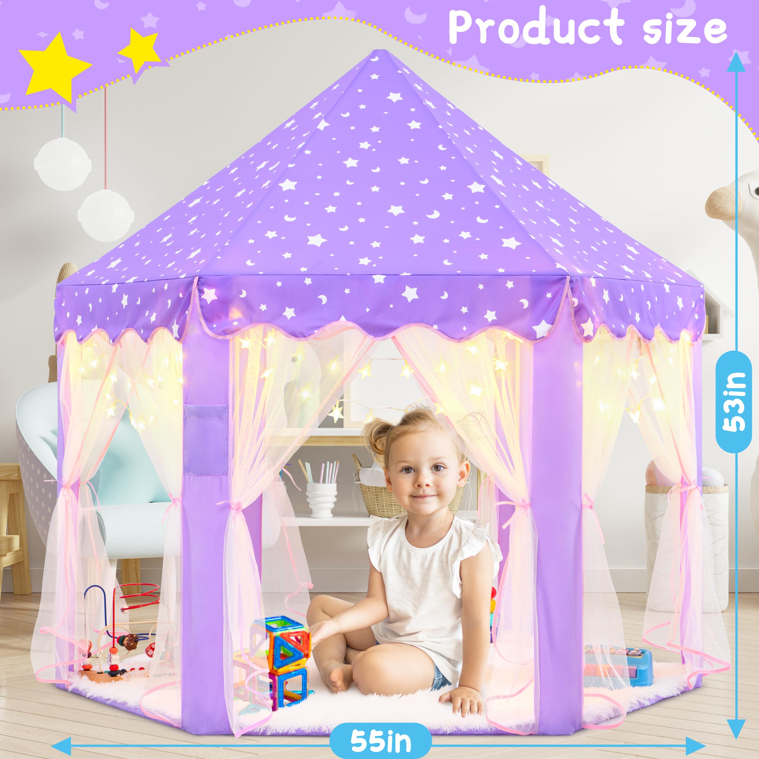 EVOIONOS Purple Tent for Girls, Kids Tent Indoor, Princess Tent with Star Lights, Girls Play Tent, Princess Castle Playhouse Tent, Little Girls Lavendar Tent, 55x53 Princess Tent for Girls