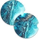 Nipichsha Car Coasters for Cup Holders, 2 Pack Absorbent Ceramic Car Cup Holder Coaster for Drinks, Cute Auto Assecories for Women Men, Size 2.56 in with Finger Notch & Cork Base, Blue Marble