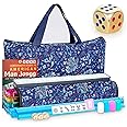 New American Mahjong Game Set, 166 Premium White Tiles with Portable Metal Dices, 4 All-in-One Racks with Pushers, Mah-Jong Games Sets, Ma Jong Tile Game (Blue)