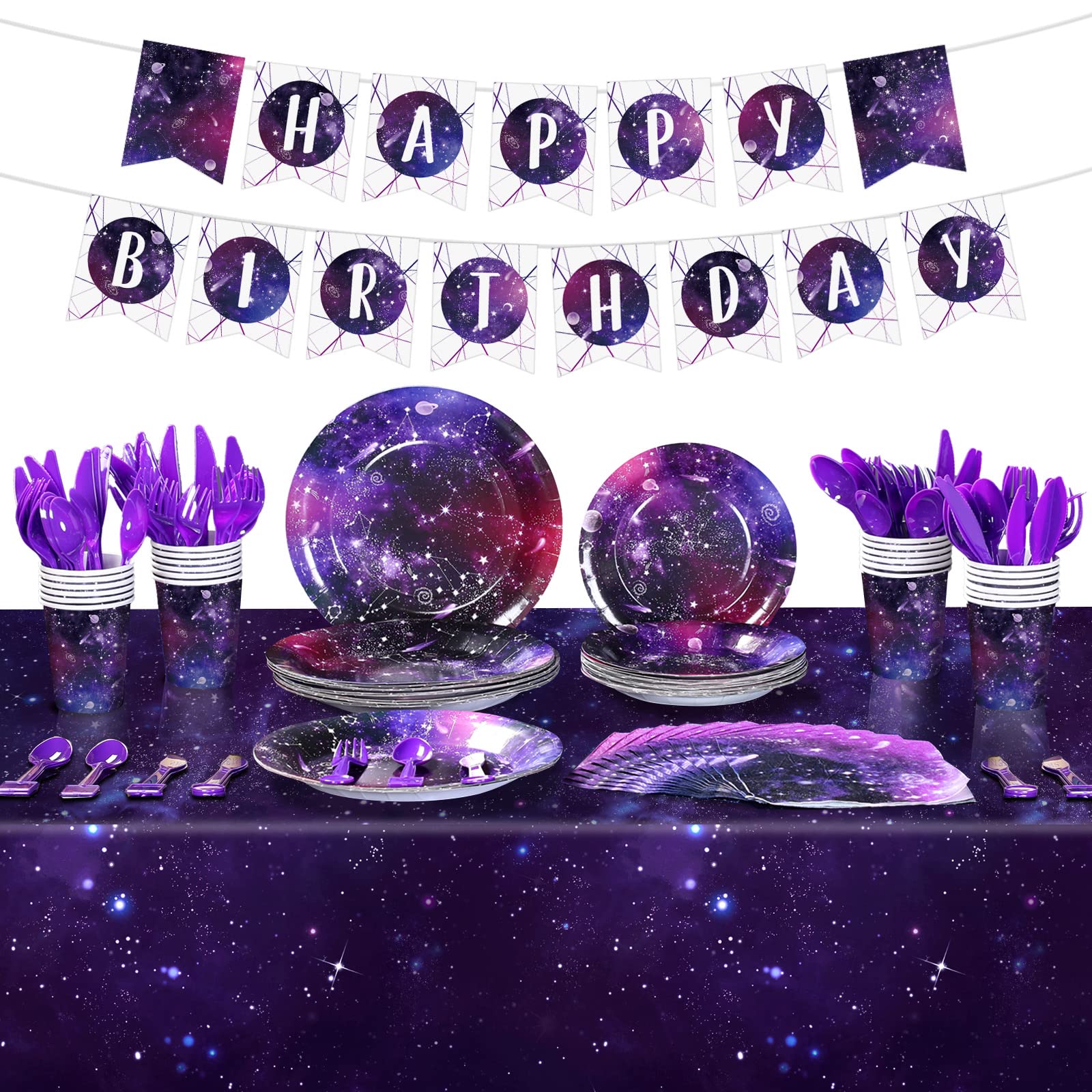 Photo 1 of Tiamon 171 Pcs Galaxy Space Party Decoration Tableware Set Space Theme Birthday Decoration Galaxy Tablecloth Paper Plates Napkins, Birthday Banner for 24 Guests Party Supplies (Vivid Style)