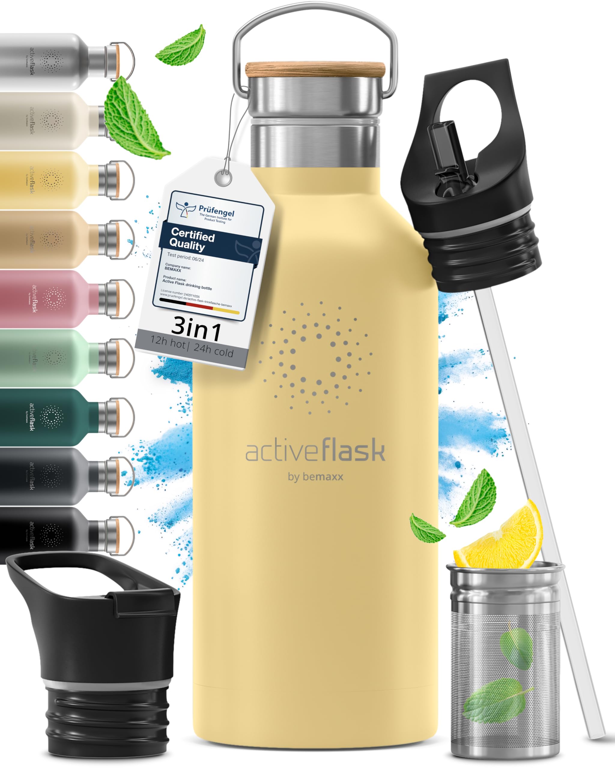 Stainless Steel Water Bottle with Straw, Infuser & 3 Lids: 1 & 0,5L Leak-Proof Vacuum Insulated ACTIVE FLASK Drinking Bottles Hot Cold: Double Walled Outdoor Drink Thermo Mug Tea Coffee Sport Gym Bike