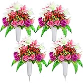 Daifunli 4 Sets Artificial Cemetery Flowers with Vase, Artificial Rose Lily Bouquet Graveyard Memorial Flowers for Cemetery Headstones Decoration