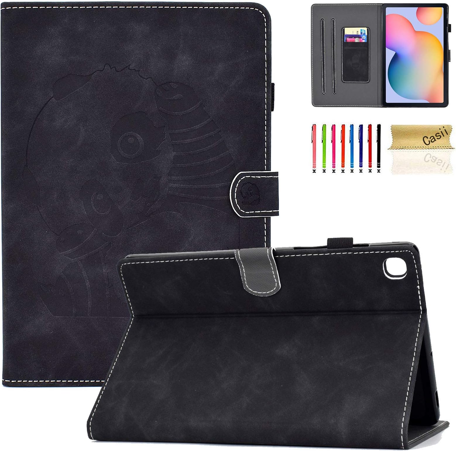 Case for Samsung Galaxy Tab S6 Lite 10.4 2020, Casii Embossed Panda PU Leather Folding Stand Magnetic Protective Cover with Multiple Angle Viewing Card Holders Stylus Loop for SM-P610/ P615 (Black)