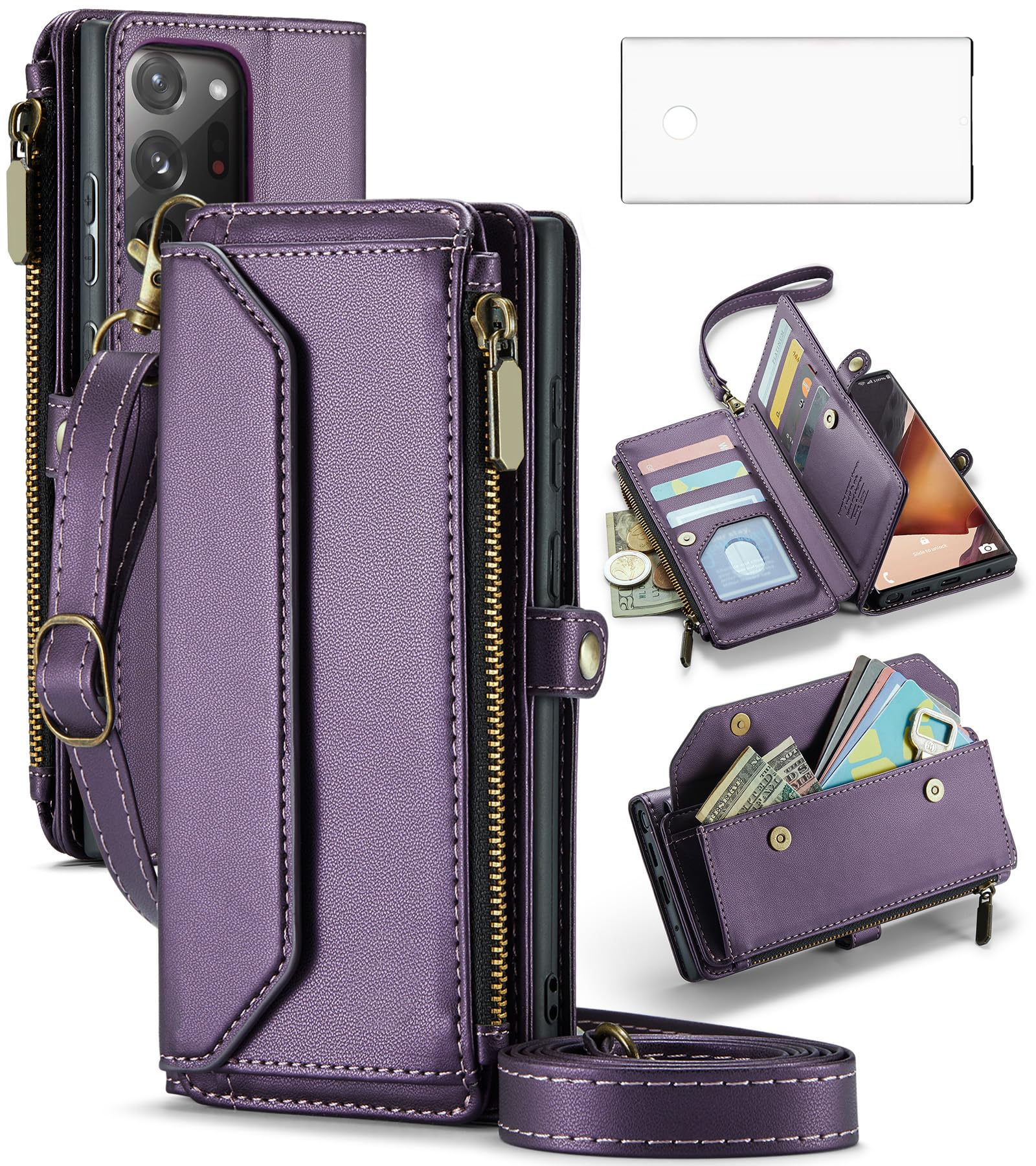 Photo 1 of Phone Case for Samsung Galaxy Note 20 Ultra 5G Zipper Wallet Cover with Screen Protector and Flip RFID Blocking Card Holder Cell Note20 Plus Notes 20Ultra Note20+ U + 20+ Twenty Not S20 Women Purple