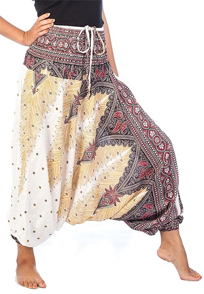 Lofbaz Damen 2 in 1 Haremshose & Jumpsuit Pfauendruck