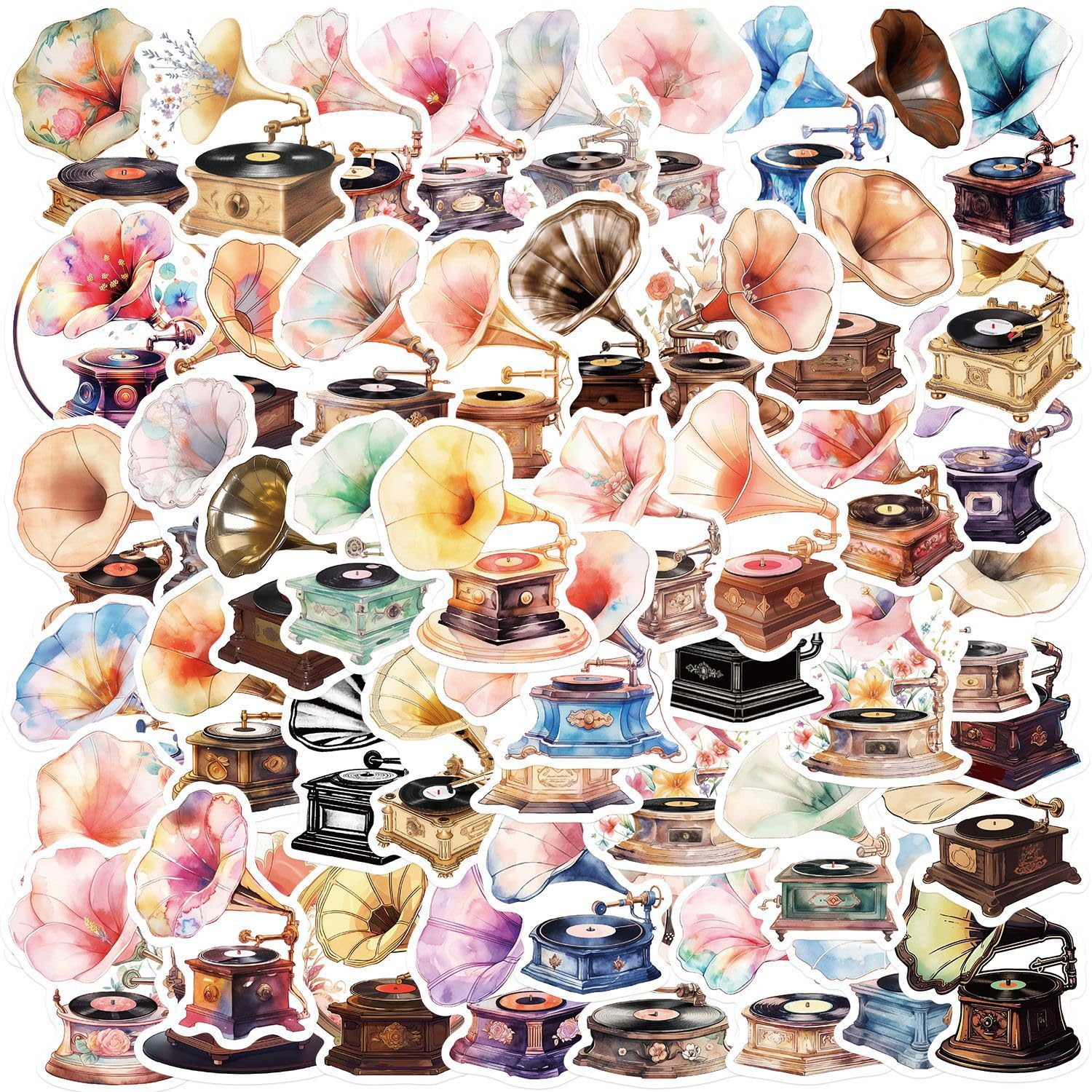 50Pcs Gramophone Stickers for Kids Teens Adults Boys Girls Gift,Stickers Pack for Laptop,Skateboard,Luggage,Car,Bike, Cup,Computer,Water Bottle Decor,GramophoneVinyl Waterproof Sticker Decals โ image 1