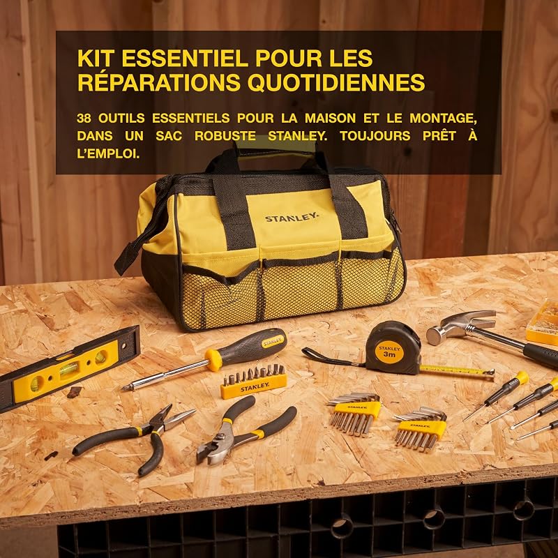 Set d'Outils Mixtes 38 Pièces avec Sac de Rangement - Comprend Marteau, Pinces, Tournevis, Clés Allen, Mètre Ruban, Niveau & Quincaillerie – Durable, Portable, Performance Fiable - STMT0-74101