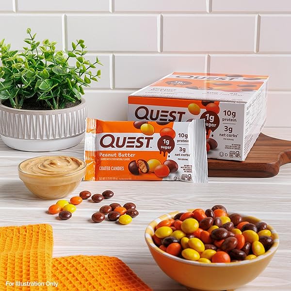 QUEST NUTRITION COATED CANDIES, PEANUT BUTTER, 1G SUGAR, 10G PROTEIN, 4G NET CARBS, GLUTEN FREE, KETO FRIENDLY, 12 COUNT