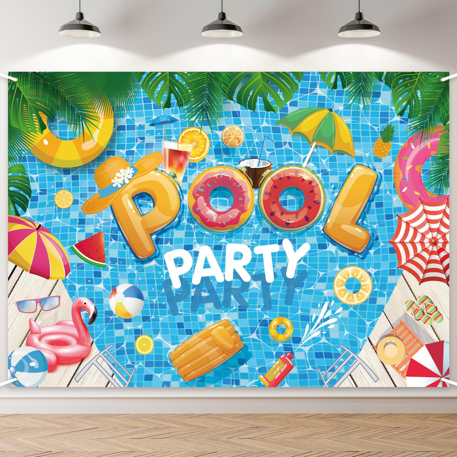 Photo 1 of 7 x 5 FT Pool Party Backdrop - Extra Large Hawaiian Summer Beach Swimming Pool Design Wall Hanging, Fun Luau Water Theme Photo Background Booth Prop for Indoor Outdoor Party Decorations