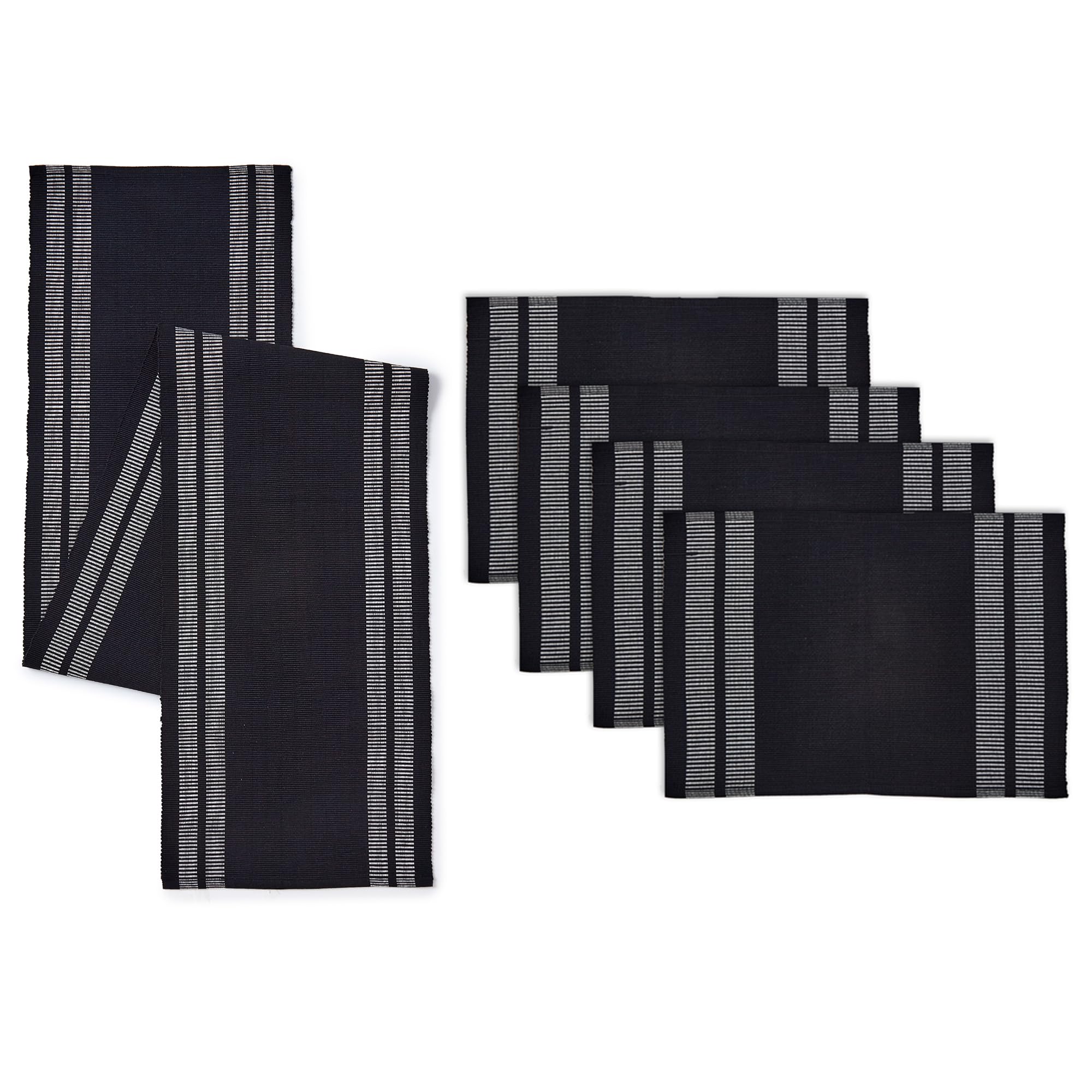 Encasa XO Table Runner and Placemats Set 4 | Fine Ribbed Cotton | Ladder Black | 1 Table Runner Size 32x137 cm & Each Table Mat Size 48x32 cm