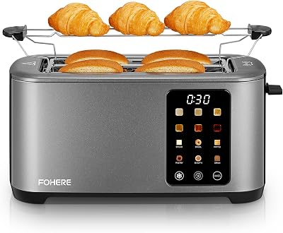 Toaster 4 Scheiben, 1400W Edelstahl Langschlitz Toaster, 9 Farbeinstellungen und 3 Brotsorten, Abbruch/Auftau/Aufwärmfunktion,Touchscreen Bedienung, mit Brötchenaufsatz, Grau