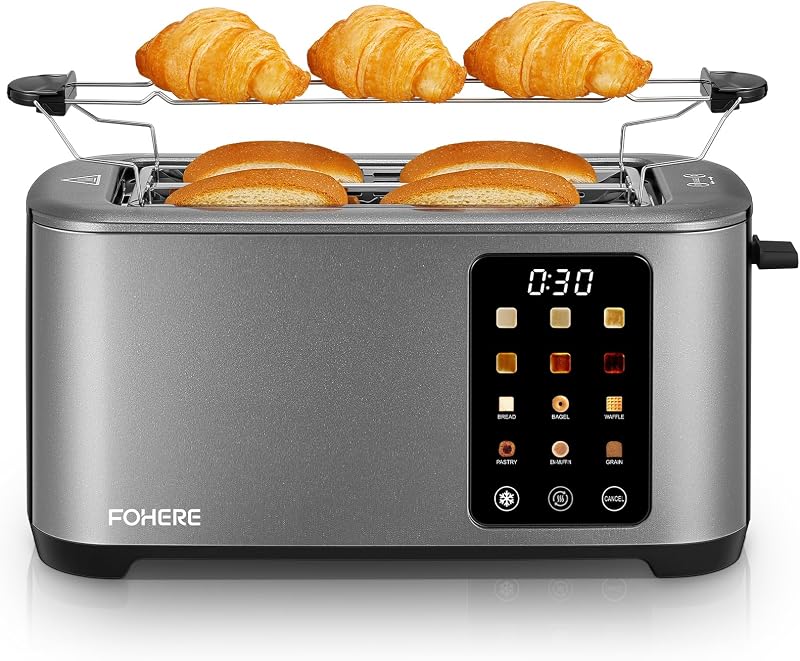 Toaster 4 Scheiben, 1400W Edelstahl Langschlitz Toaster, 9 Farbeinstellungen und 3 Brotsorten, Abbruch/Auftau/Aufwärmfunktion,Touchscreen Bedienung, mit Brötchenaufsatz, Grau — Foto 1 von 8