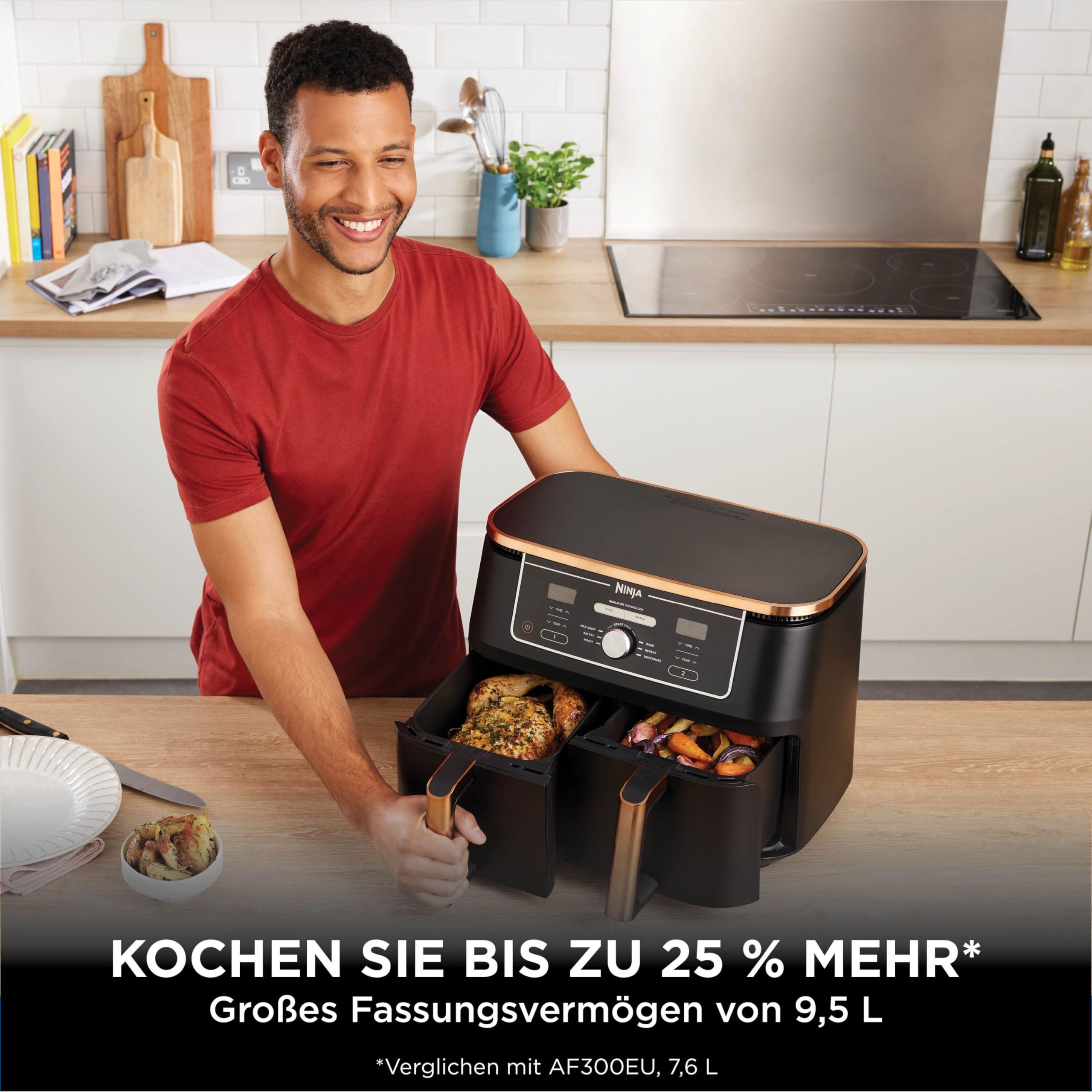 Ninja Foodi MAX Dual Zone Heißluftfritteuse, 9,5L Airfryer, 2 Fächer, mit Zange, Antihaftbeschichtung, spülmaschinenfeste Körbe, 6-in-1, Amazon Exklusiv, Kupfer/Schwarz, AF400EUCP 4
