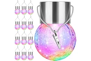 BOSCEOS 12Pack Outdoor Hanging Solar Lights - Cracked Glass Solar Lights Waterproof LED Decorative Ball Lights Tree Solar Powered Globe Lights with Hook for Garden Yard Fence Christmas Decoration, Multicolor
