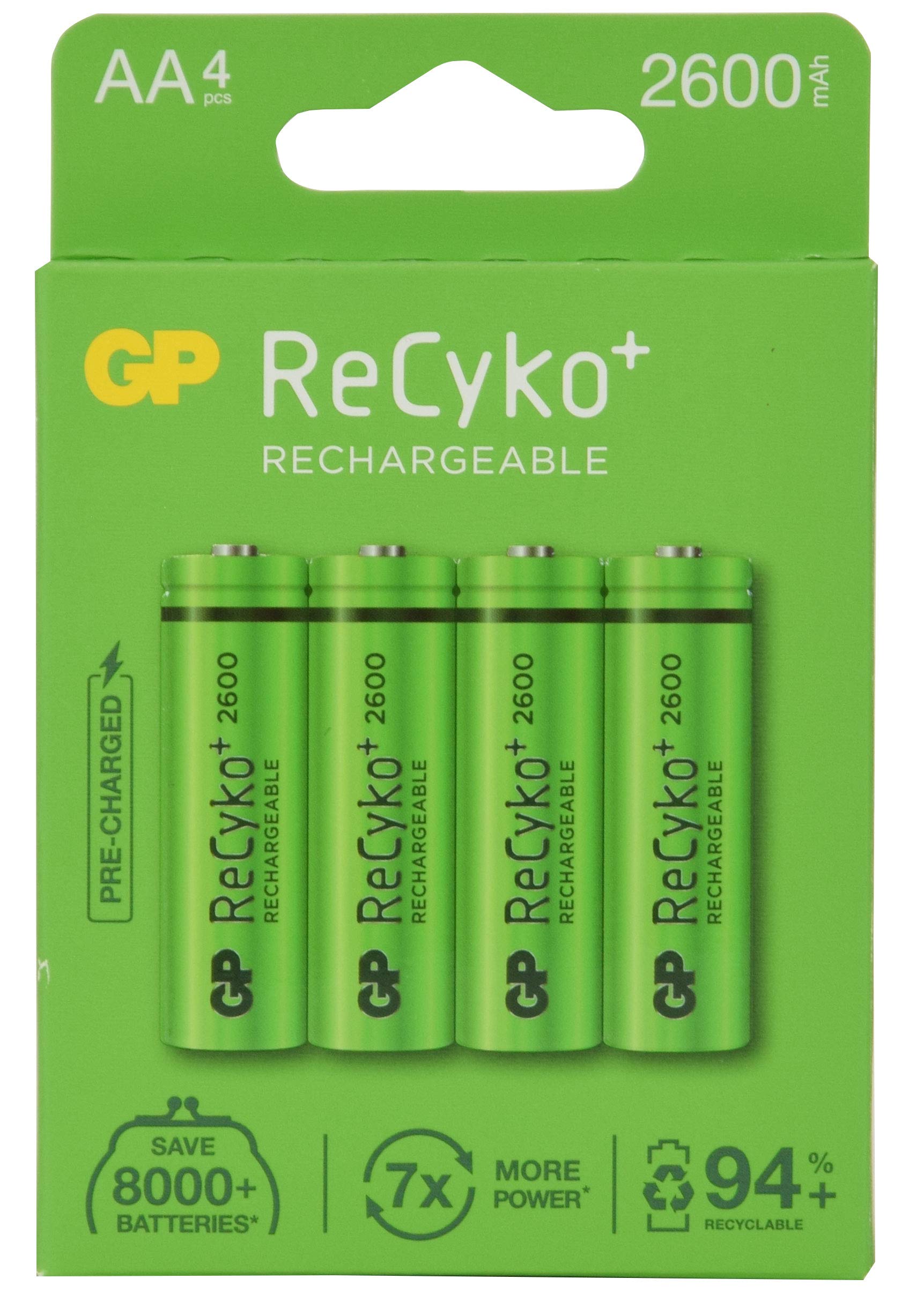 4 x AA Rechargeable 2600mAh ReCyko+ Batteries | Up To 300 Charges Per Battery |Pre-charged Holds Power up to 80% after 1 Year