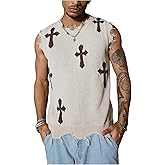 Verdusa Men's Ripped Sweater Vest Summer Streetwear Goth Sleeveless Knit Tops