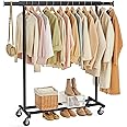 SONGMICS Clothes Rack with Wheels, Heavy-Duty Clothing Rack for Hanging Clothes, Portable, 17.7 x (36.2-52) x 63.6 Inches, with Extendable Rail, 220 lb Load Capacity, Black UHSR13BKV1
