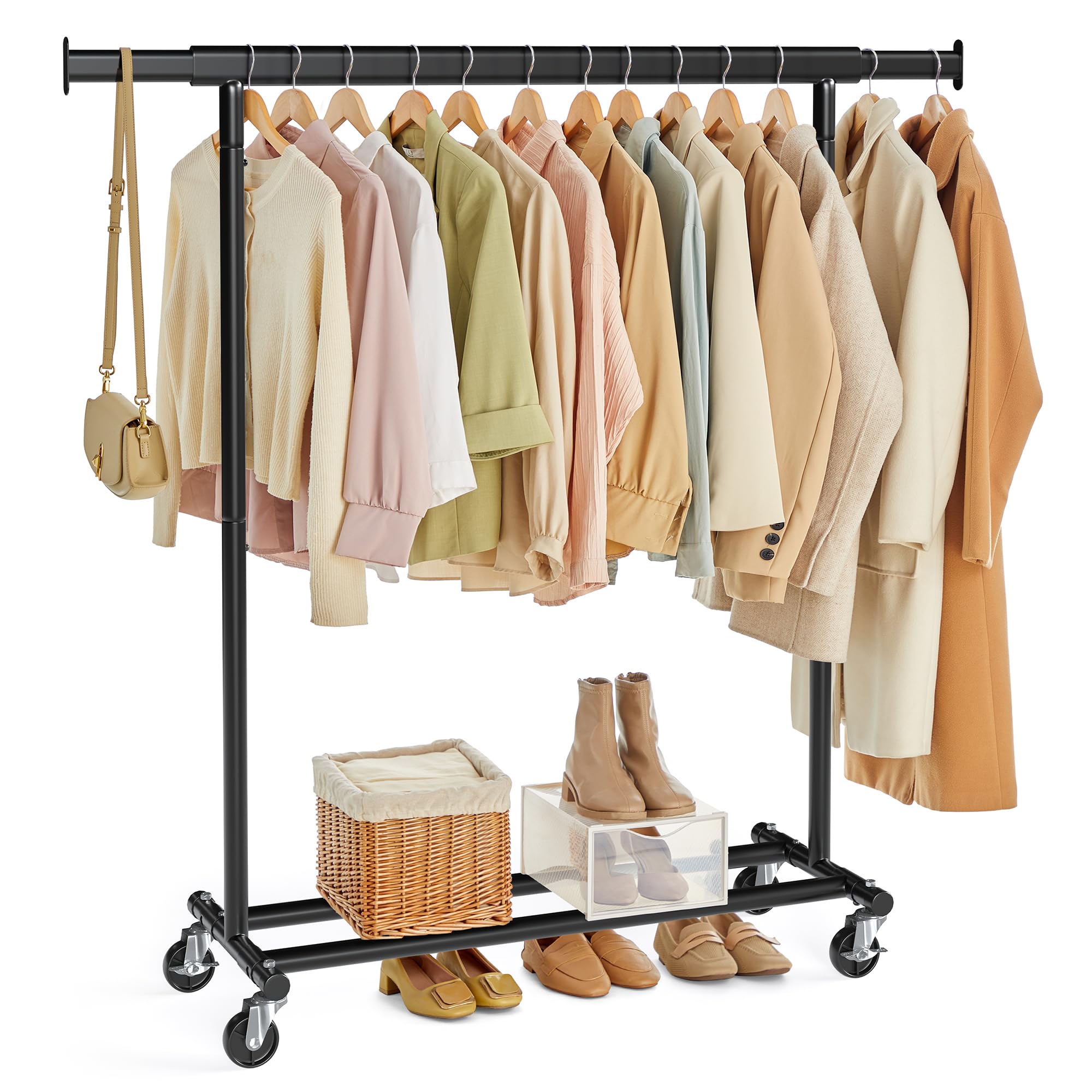 SONGMICS Clothes Rack with Wheels, Extendable Heavy Load Rail, Coat Rack, Clothes Storage, 90 kg Load Capacity, Easy Assembly, Black HSR13BKV1