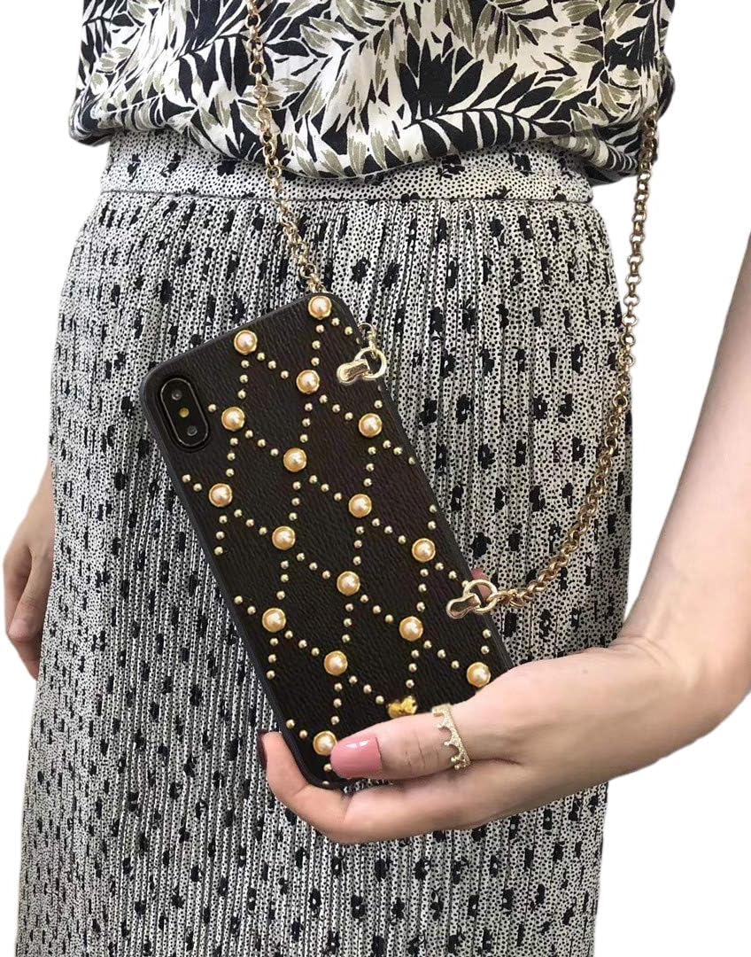iPhone Xs Crossbody case,Danwon iPhone x Leather Case with Crossbody Straps Bling Pearl 3D Handmade Leather Case Cover with Lanyard for Apple iPhone Xs 5.8inch(Black)