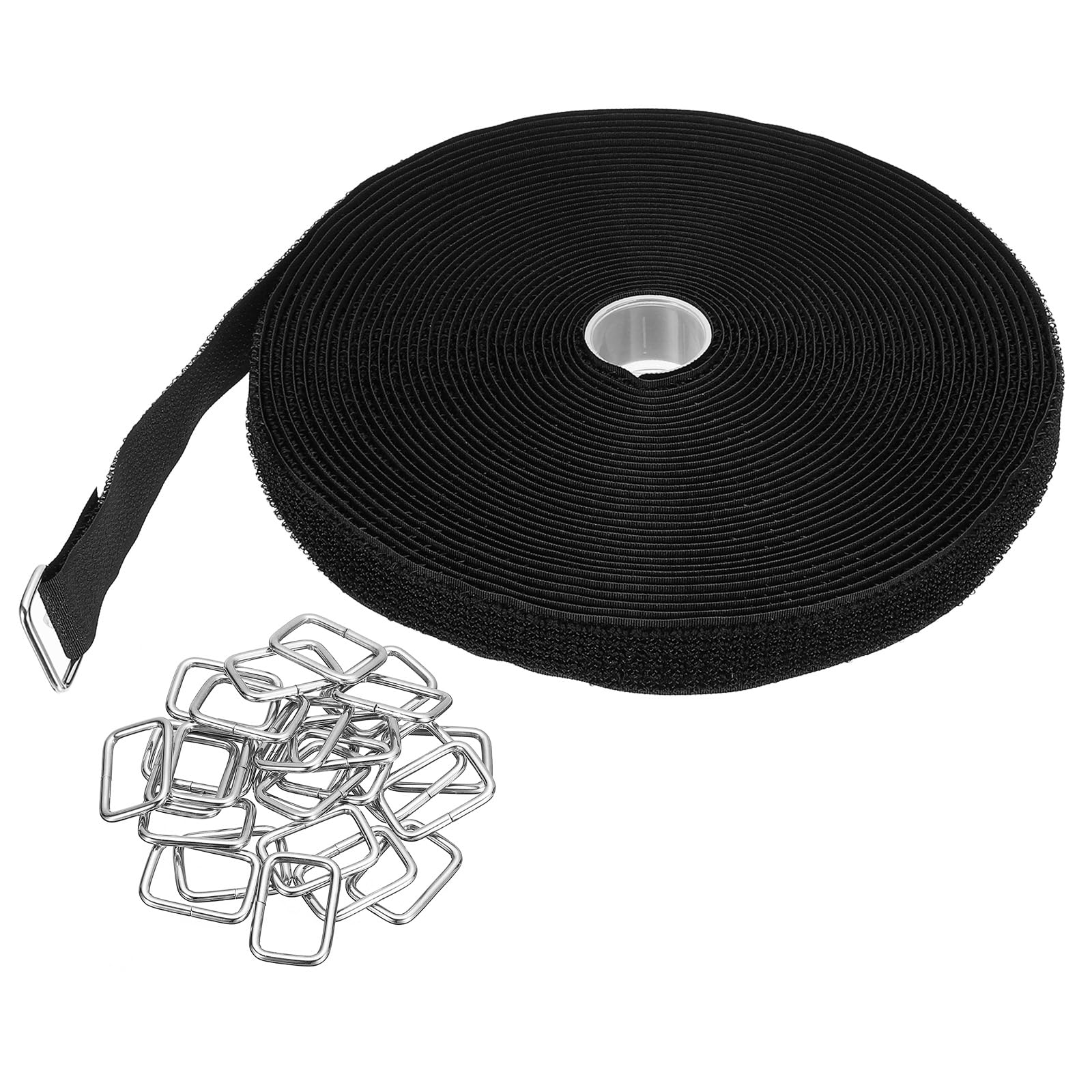 PATIKIL Hook and Loop Straps 0.8 in x 33 Ft with 50pcs Metal Buckle, Adjustable Cinch Straps Fastening Cable Straps for Bundling Storage Organization, Black
