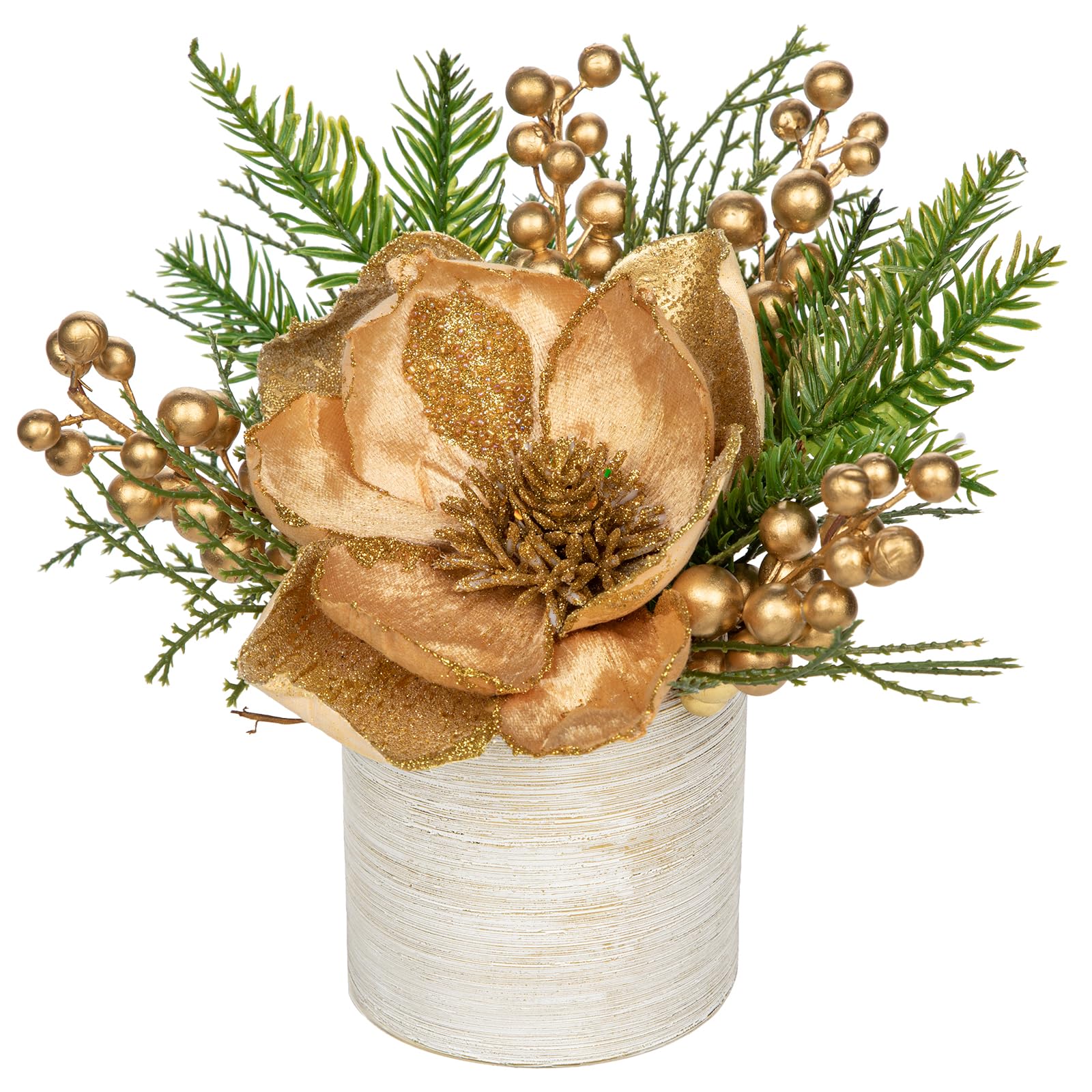 Briful 9" Glitter Magnolia Artificial Flowers in Vase, Christmas Flowers Gold Artificial Flowers with Gold Berry Stems in Brushed Finish Ceramic Pot, Fake Magnolia for Xmas Decor
