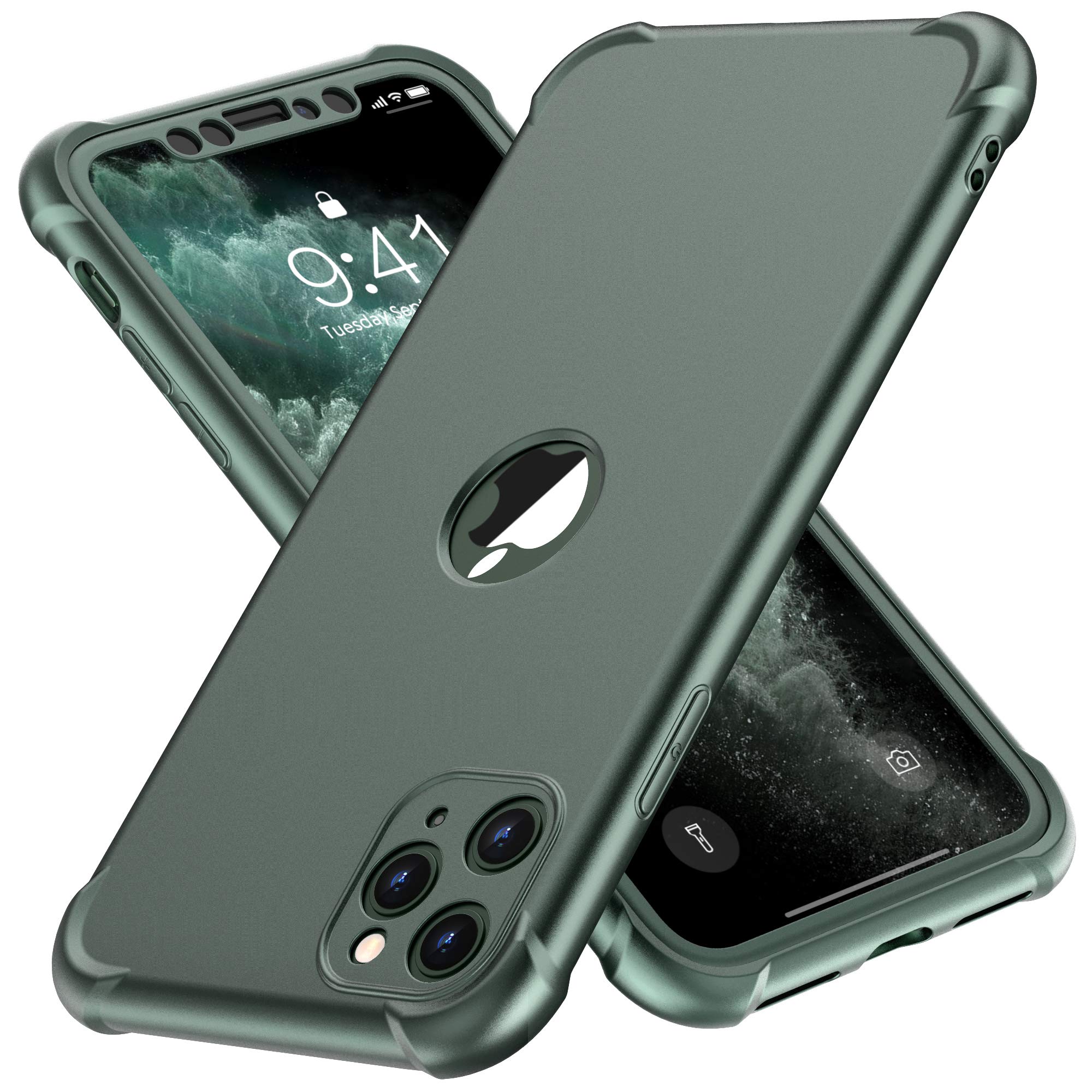 ORETECH Designed for iPhone 11 Pro Case, with[2x Tempered Glass Screen Protector] Full body Shockproof Heavy Duty Protection Ultra Thin Hard PC Silicone TPU Bumper Cover for iPhone 11 pro -Green