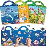 GUYUCOM 4 Pack Reusable Sticker Books Ocean Body Insect Farm Kids 3 4+