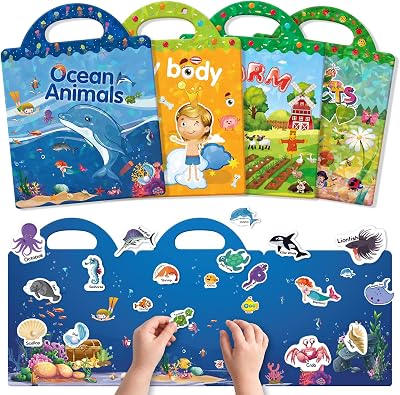 GUYUCOM 4 Pack Reusable Sticker Books Ocean Body Insect Farm Kids 3 4+
