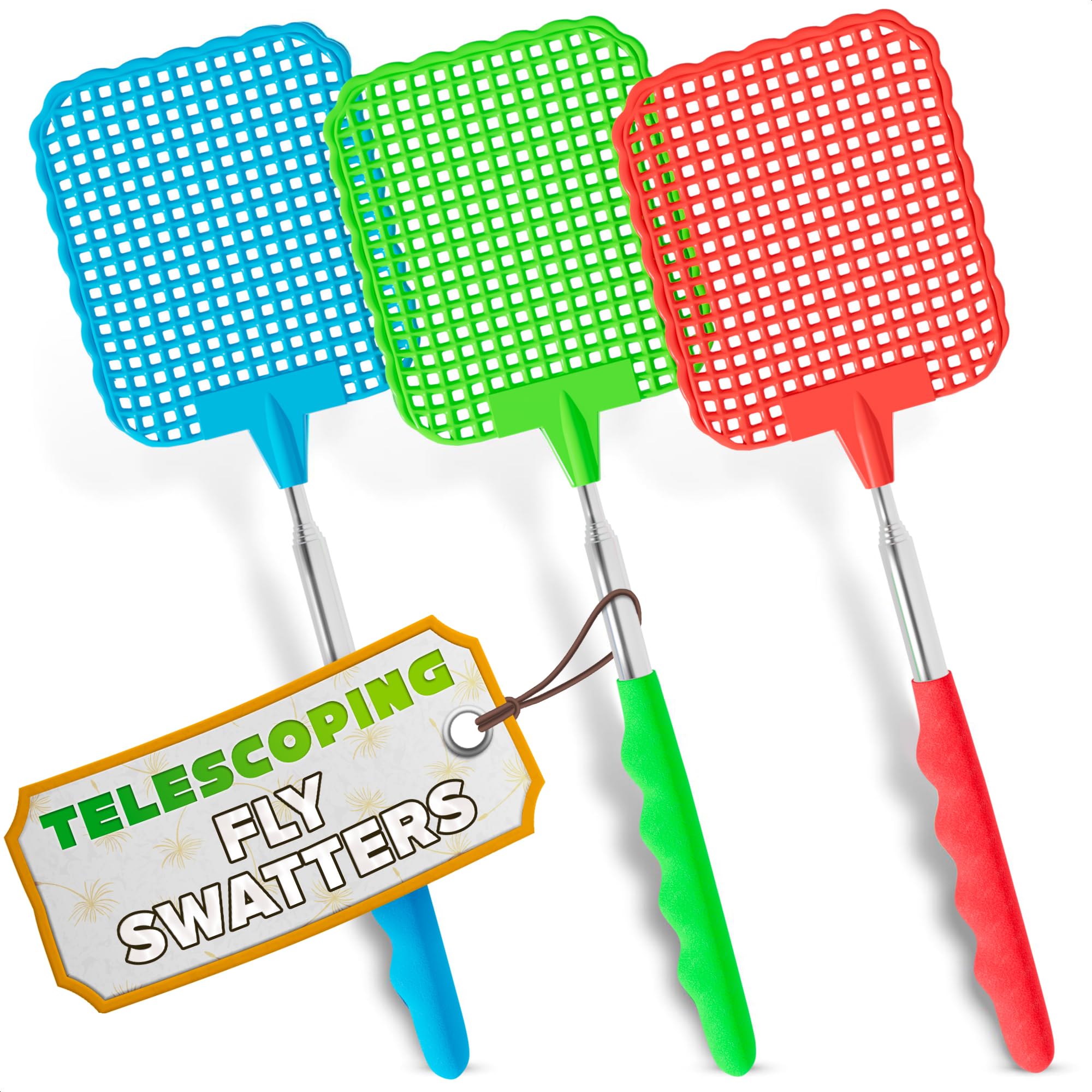 Photo 1 of 3-Pack Telescopic Fly Swatter Set – Durable and Lightweight Extendable Fly Swatter for Indoors and Outdoors, 3.1 x 3.9 Flexible Head, Non-Slip Ergonomic Rubber Handle, Compact Design for Easy Storage