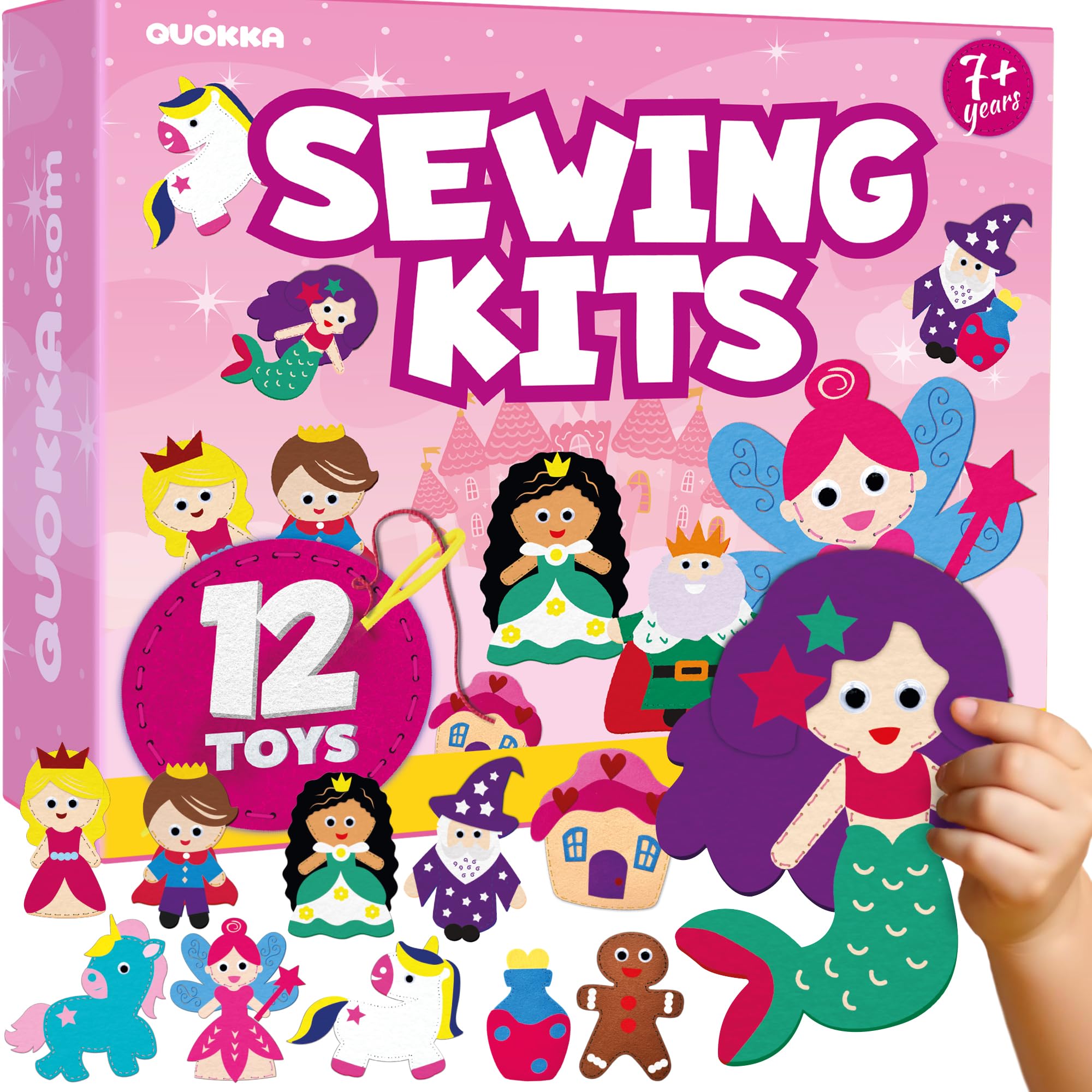 QUOKKA Kids Crafts Ages 4-8, DIY Beginner Needle and Thread Kit - 12 Fairy Tale Sewing Kit Basic - Fun Arts Crafts for Kids Ages 6-8 Girls Boys - Plastic Needles, Scissors - 6+ Year Old Girl Gifts