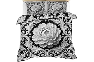 Vintage Floral Duvet Cover 90" x 90", Boho Damask Flower Bedding Set, Black Grey Comforter Cover with Zipper Ties