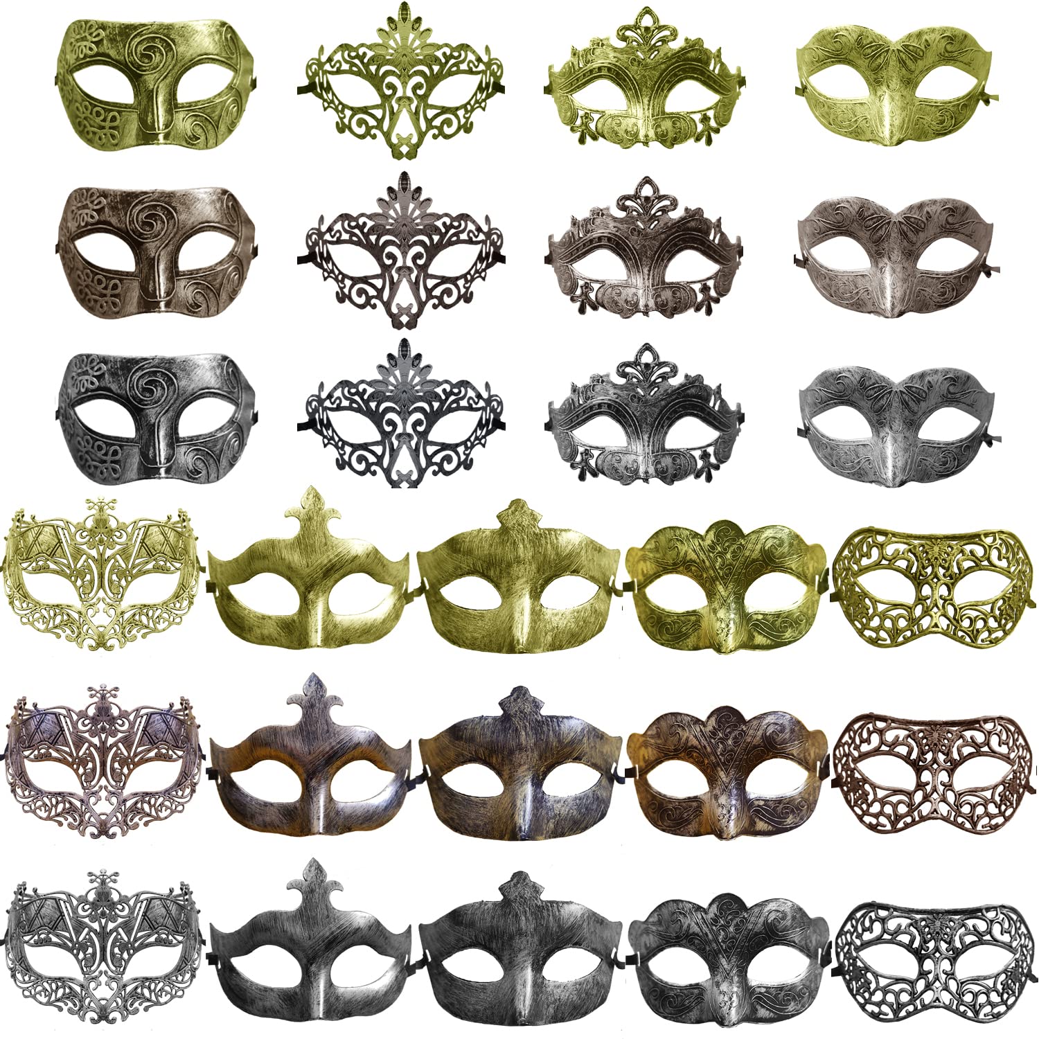CNYMANY 27 Pcs Vintage Antique Masks Retro Masquerade Men Women Unisex Mask for Ball Party Venetian Costume - Gold, Silver, Bronze