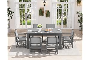 SERWALL 7 Piece Outdoor Dining Table Sets for 6 with 1 Umbrella Hole Cut-Out Rectangular Table and 6 Textilene Chairs, HDPE Dining Table Sets for Garden, Backyard, Poolside, Gray
