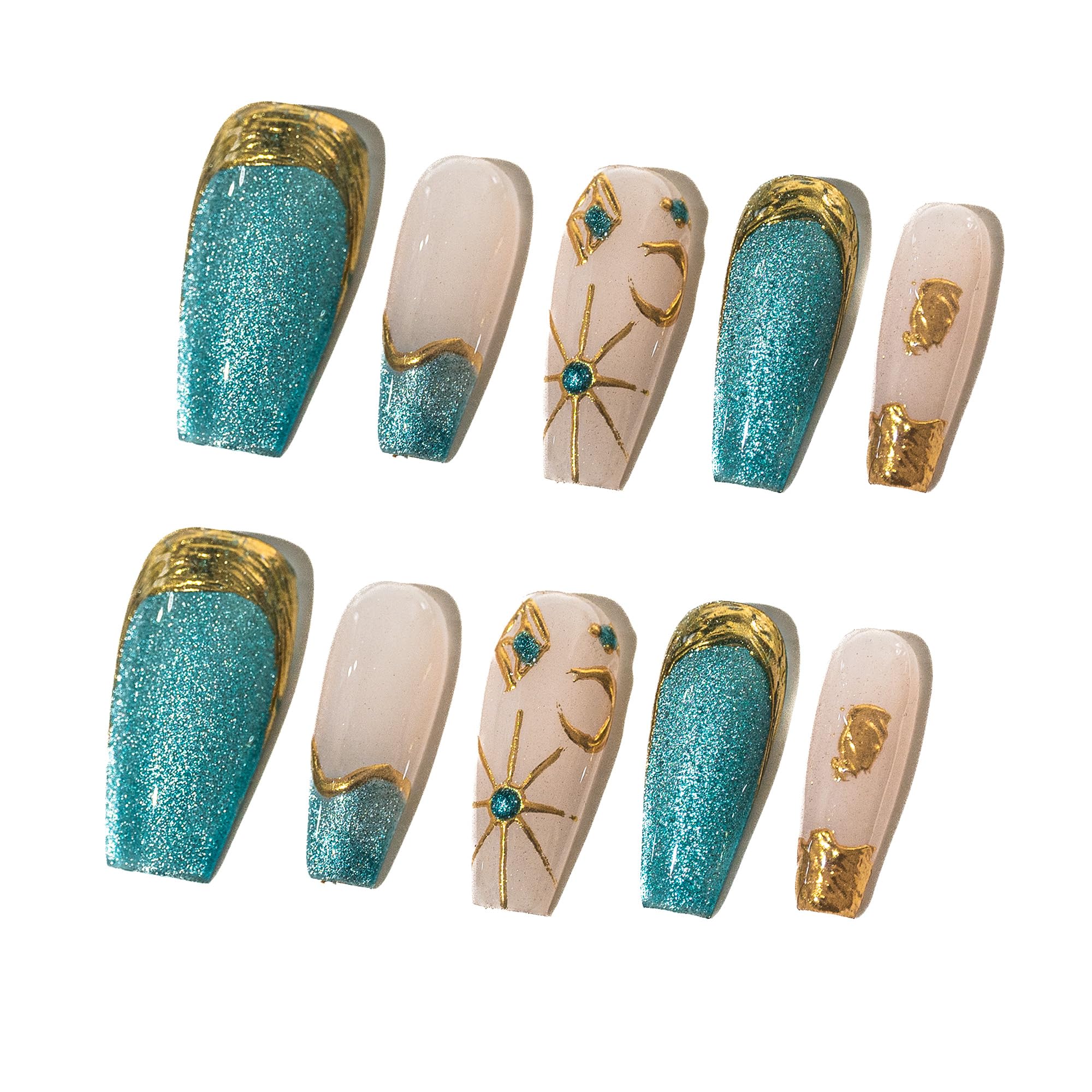 Sun&Beam Nails Handmade Press-On Medium Long Coffin Ballerina with Pink Blue Gold Color 3D Design Charm Cat Eye Cute False Nail Tips 10 Pcs (#82 XS) — image 1