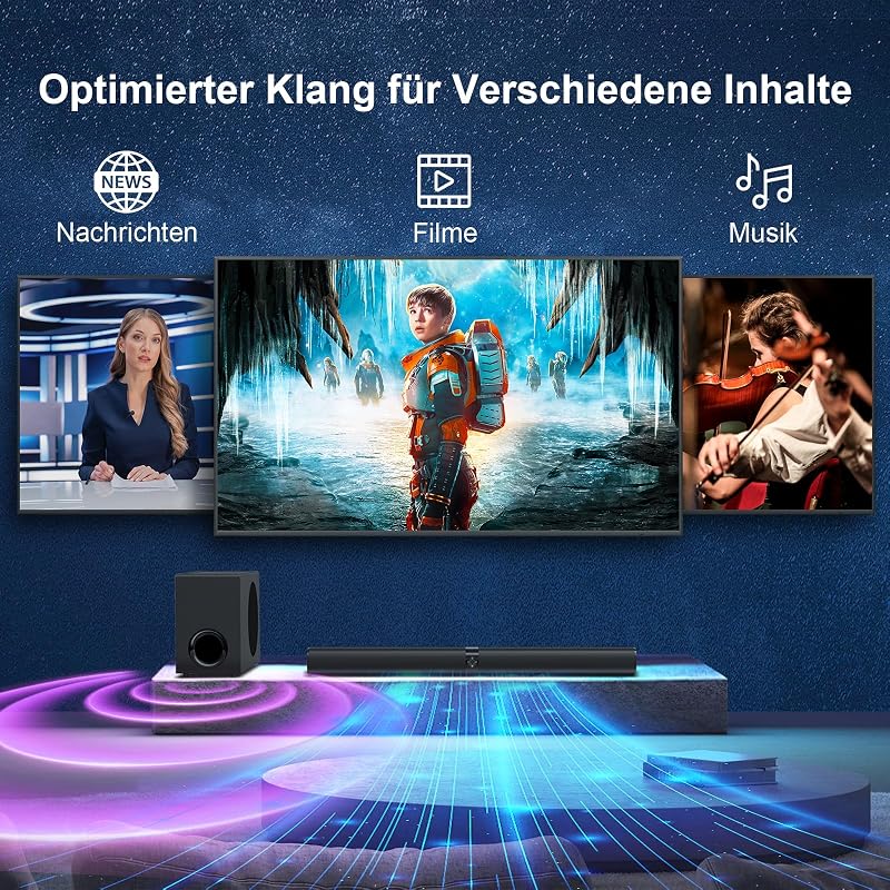 Soundbar mit Subwoofer, 110W Surround Sound System mit Deep Bass&Auto Volume Boost&3 EQ Modi, Bluetooth 5.3/ARC/Opt/AUX, Standlautsprecher für Fernseher/PC/Projector, 1 Set — Foto 3 von 8