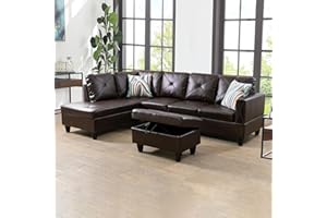 UBGO Living Room Furniture, Faux Leather, 3-Piece Sectional Set Include Three-Seater Couch with Chaise Lounge & Storage Ottoman,L-Shape Sofa-Brown (Left Hand Facing)