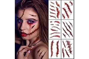 JCFIRE 12 Sheets Halloween Makeup Kit, Body Face Fake Scars Halloween Temporary Tattoos for Kids Adults, Zombie Costume for Kids Women, Tattoos Stickers Party Decorations Supplies Accessories