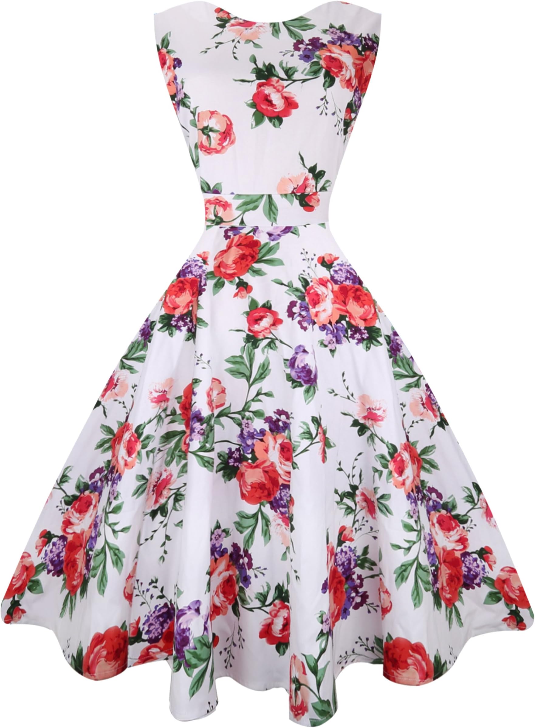 Urmine Women's Floral Print 1950's Vintage V-back Sleeveless Cocktail Dress
