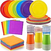 Geosar 240 Pieces Rainbow Party Tableware 60 Set Colorful Paper Plates and Napkins 9oz Paper Cups Complete Pack Disposable Dinnerware Set for Rainbow Birthday Party Decorations Supplies(Bright Color)