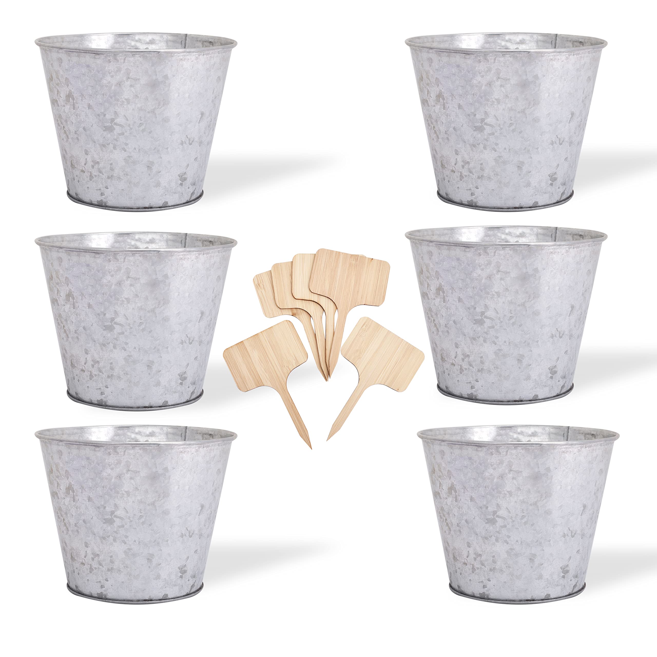 Katai - Galvanised Metal Planter Buckets 6 Pack – Small Rustic Plant Pots for Indoor Herbs, Orchids & Flowers, Hanging Holder, Includes Labels
