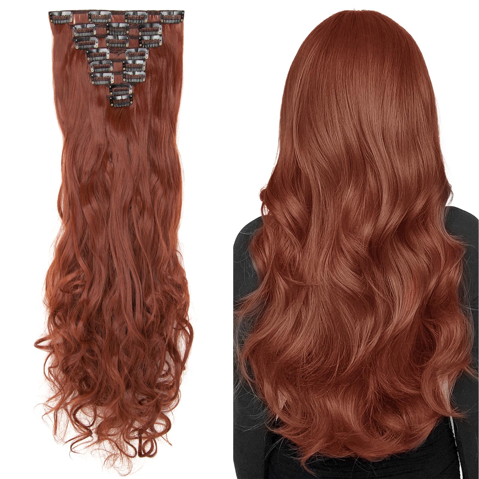 Clip in Hair Extension 8 Pcs full Head 24inch Long Curly Hairpiece Heat-Resisting (Red Brown)